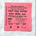 1966 League Cup Final Football Ticket: West Ham v West Brom at Upton Park. Extremely rare ticket. Light Folding/creasing with rear having a dot of paper where it must have been previously stuck down. Good condition with no tears.
